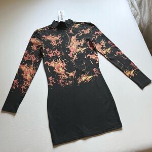 NWT NANA JUDY black knit flame fire print mock neck long sleeve mini dress